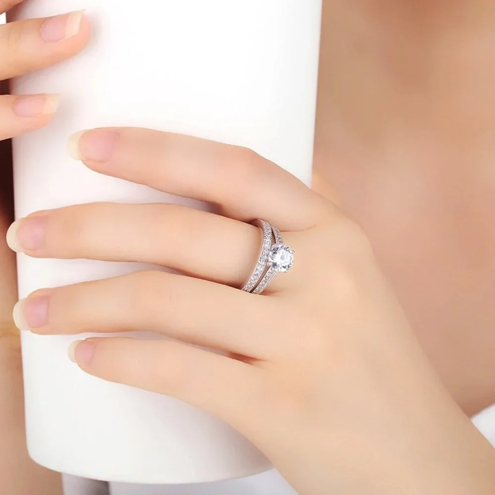 🎁925 Silver Plated 2 PCs CZ Lovely Wedding Couple Ring, GPMB1397